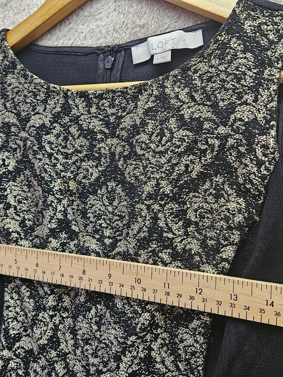 LOFT Sleeveless Sheath Dress Black Gold Damask Jacquard Pattern Women's Size 4 - Picture 5 of 7